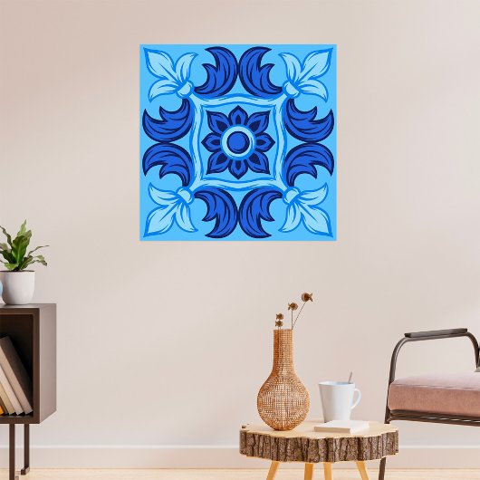 Blaues Blumenmuster Vintages Mittelmeer Poster