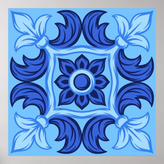 Blaues Blumenmuster Vintages Mittelmeer Poster (Vorne)