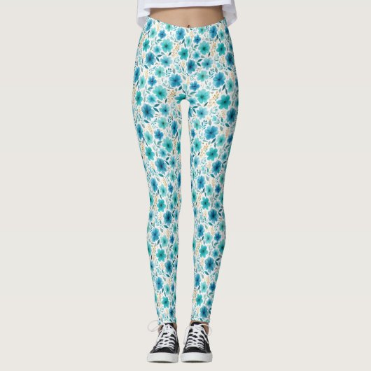Blaues Blumenmuster Wasserfarben Wildblumen Elegan Leggings (Vorderseite)