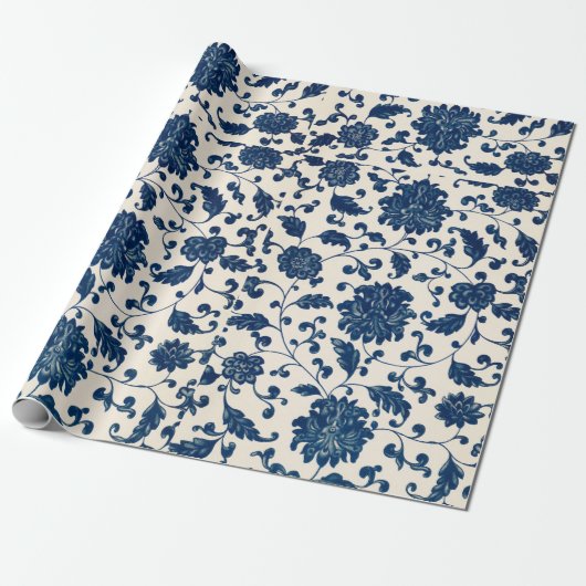 Blaues Blumenmuster - Wrapping Paper Geschenkpapier (Ungerollt)