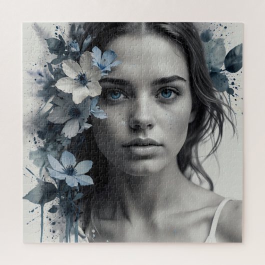 Blaues Blumenportrait einer Frau Puzzle (Vertikal)