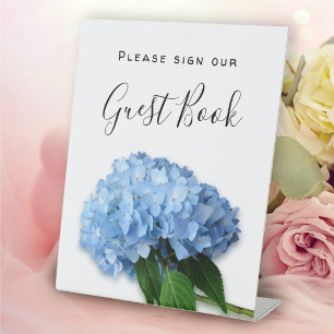 Blaues Blumenschild - Unser Gästebuch Tischschild Sockelschild