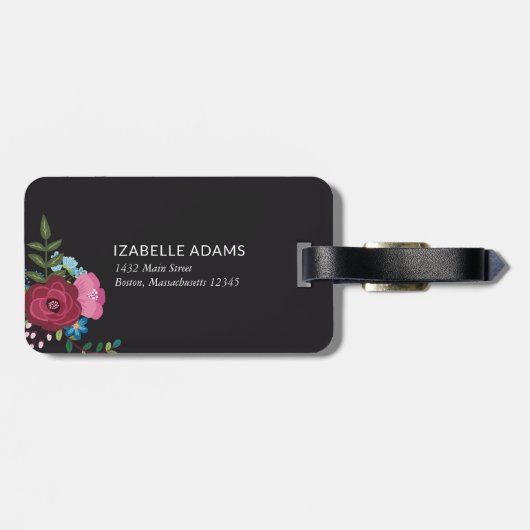 Blaues Blumenstrauß-Muster Burgunders - Gepäckanhänger (Rückseite horizontal)