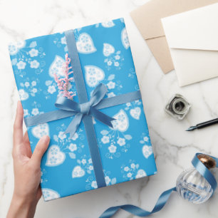 Blaues Blütenherz mit Blume Geschenkpapier
