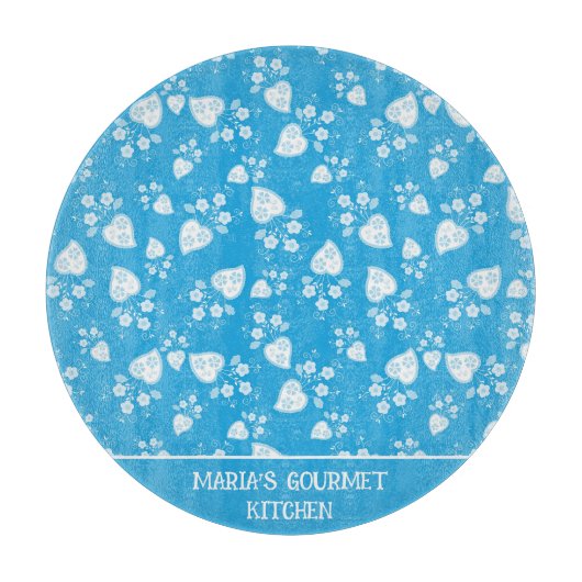 Blaues Blütenherz mit Blume Schneidebrett (Vorderseite)