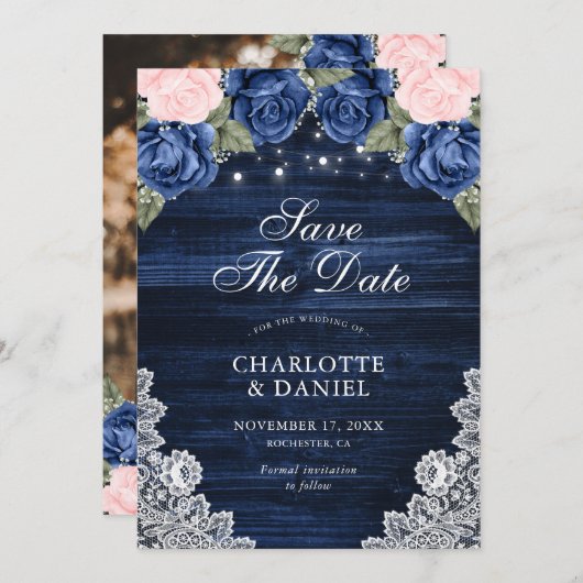Blaues Blütenholz-Hochzeitsstich-Foto Save The Date (Vorne/Hinten)