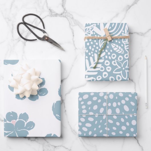 Blaues Bohemisches Blumenfrühlingspapier Geschenkpapier Set (Vorderseite)