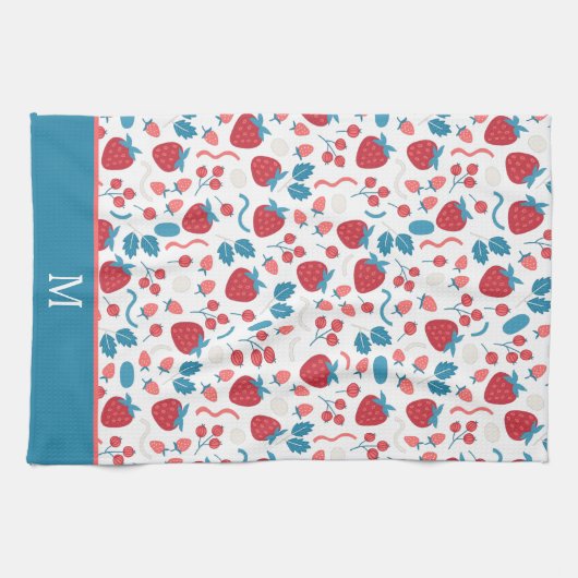 Blaues Boho Strawberry Muster Monogram Geschirrtuch (Horizontal)