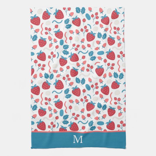 Blaues Boho Strawberry Muster Monogram Geschirrtuch (Vertikal)