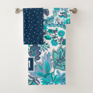 Blaues Boho Vintage Blumenmonogramm Badhandtuch Set