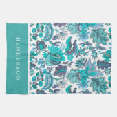 Blaues Boho Vintage Blumenmonogramm Geschirrtuch (Horizontal)