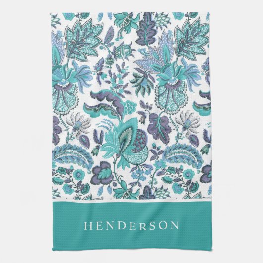 Blaues Boho Vintage Blumenmonogramm Geschirrtuch (Vertikal)