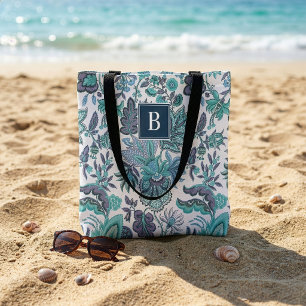 Blaues Boho Vintage Blumenmonogramm Tasche