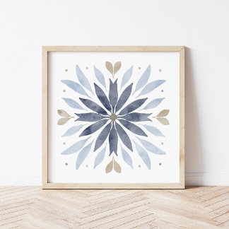 Blaues Boho-Wasserfarben-Mandala-Kunstwerk Poster