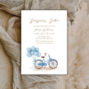 Blaues Bonjour Bébé Ballon Fahrrad Baby Shower Einladung