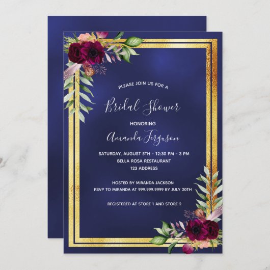 Blaues Bordeaux-Brautparty Einladung (Vorne/Hinten)