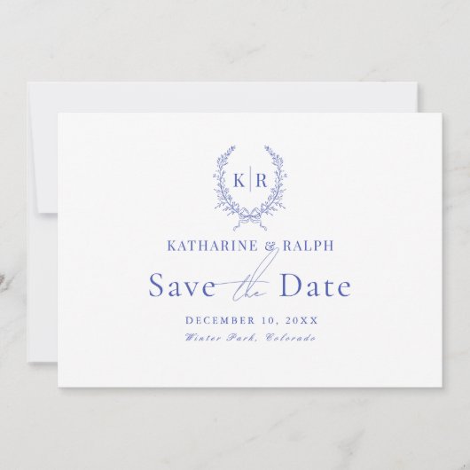 Blaues Botaniakales Wappen Monogramm Save the Date Einladung (Vorderseite)