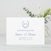 Blaues Botaniakales Wappen Monogramm Save the Date Einladung (Stehend Vorderseite)