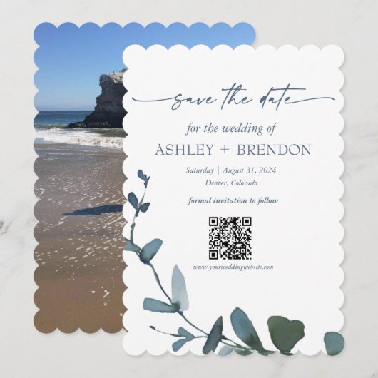 Blaues botanisches Blatt - Save-the-Date mit QR + Einladung (Vorne/Hinten)
