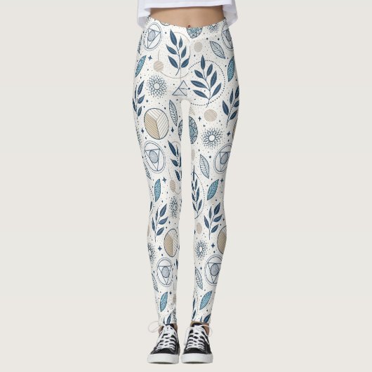 Blaues botanisches geometrisches Doodle Leggings (Vorderseite)