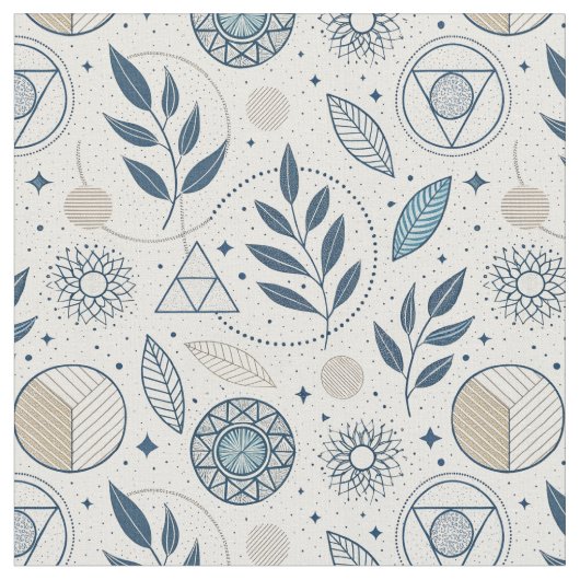 Blaues botanisches geometrisches Doodle Stoff (Nahaufnahme)