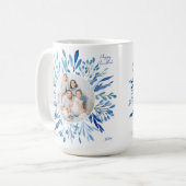 Blaues botanisches Hanukkah-jüdisches Foto Kaffeetasse (Vorderseite Links)