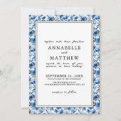 Blaues Botanisches Muster Elegante Blumenhochzeit Einladung (Vorderseite)