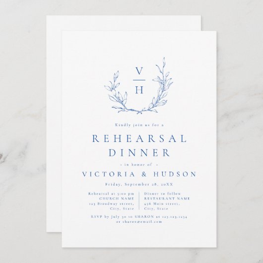 Blaues botanisches Wappen, Monogramm Probe Einladung (Vorne/Hinten)