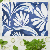 Blaues botanisches Wasserfarben-Blumenmuster Geschirrtuch (Gefaltet)