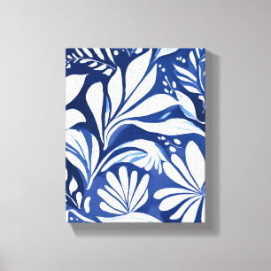 Blaues botanisches Wasserfarben-Blumenmuster Leinwanddruck