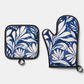 Blaues botanisches Wasserfarben-Blumenmuster Ofenhandschuh & Topflappen-Set (Vorderseite)