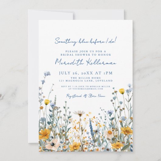 Blaues botanisches Wildblume-Brautparty Einladung (Vorderseite)