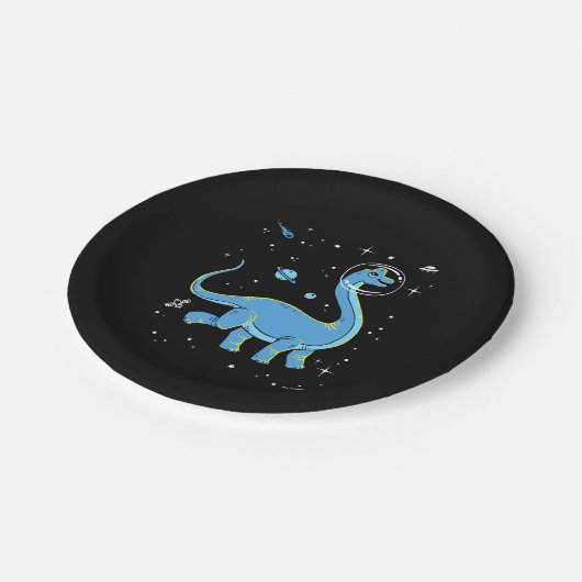 Blaues Brachiosaurus Dinos im Weltraum Pappteller (Schrägansicht)