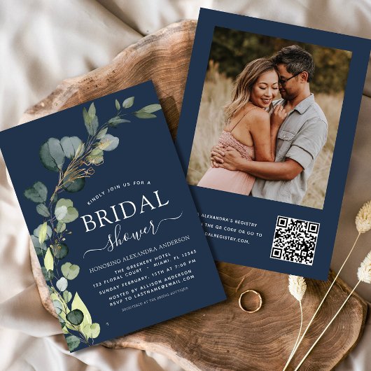 Blaues Brautparty QR Code Foto Eucalyptus Einladung
