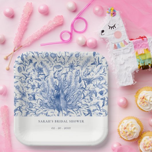 Blaues Brautparty Wasserfarben Pfauenflora Pappteller (Party)