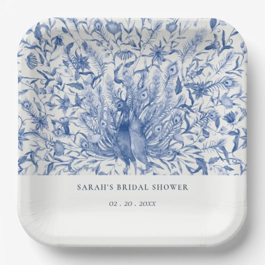 Blaues Brautparty Wasserfarben Pfauenflora Pappteller (Vorderseite)