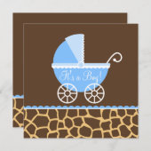 Blaues Brown-Wagen-Giraffen-Jungen-Babyparty Einladung (Vorne/Hinten)