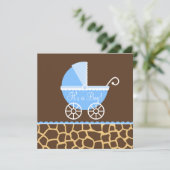 Blaues Brown-Wagen-Giraffen-Jungen-Babyparty Einladung (Stehend Vorderseite)