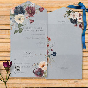 Blaues Burgund & Creme Rustikale Blumen Blau QR Co All In One Einladung