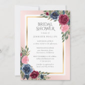 Blaues Burgund-Gold-Blush-Brautparty Einladung (Vorderseite)