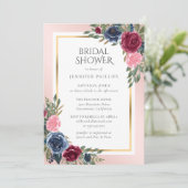 Blaues Burgund-Gold-Blush-Brautparty Einladung (Stehend Vorderseite)