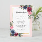 Blaues Burgund-Gold-Blush-Brautparty Einladung (Stehend Vorderseite)