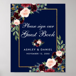 Blaues Burgund Gold Florales Hochzeitsgästebuch Poster