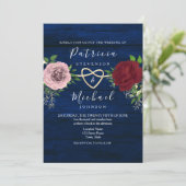 Blaues Burgund und rosa Blütenblume Rustikale Hoch Einladung (Stehend Vorderseite)