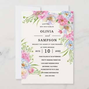 Blaues Burgunder-Rosa Hochzeit mit floralen Akzent Einladung