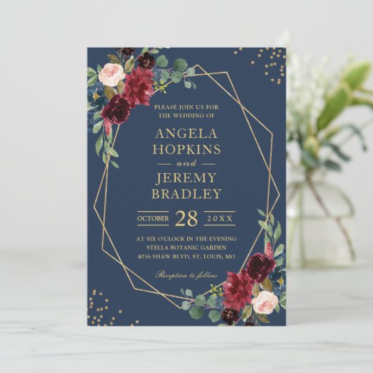Blaues Burgundy Bloral Gold Geometric Wedding Einladung (Stehend Vorderseite)