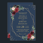 Blaues Burgundy Bloral Gold Geometric Wedding Einladung<br><div class="desc">Blauer Burgund Blumen Gold geometrische Hochzeitseinladung. Wenn Sie Thicker-Papiere / Matte Finish bevorzugen,  können Sie den matten Papiertyp auswählen. Für weitere Anpassungen verwenden Sie bitte das Design-Tool von Zazzle,  um diese Vorlage zu ändern.</div>