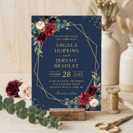 Blaues Burgundy Bloral Gold Geometric Wedding Einladung