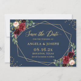 Blaues Burgundy Bloral Gold Geometric Wedding Save The Date