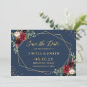 Blaues Burgundy Bloral Gold Geometric Wedding Save The Date (Stehend Vorderseite)